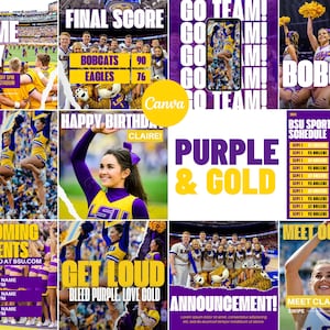 Purple & Gold Athletic Sports Instagram Posts | Canva Sports Insta Template| High school College team | Cheer, Dance, Spirit Squad