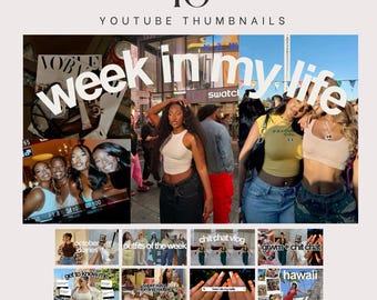 May include: A collage of 16 YouTube thumbnail images with the text "week in my life" in large, white letters. The thumbnails feature a variety of images, including people, fashion, and travel. The text "MADE IN Canva" appears at the bottom of the collage.