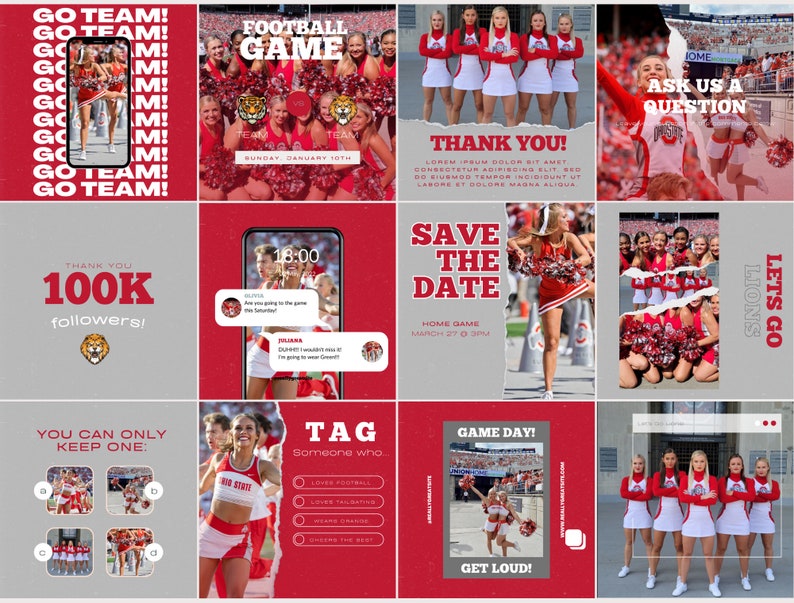 Red & Gray Social Media Canva Templates | 27 Square Posts | Sports Team ...