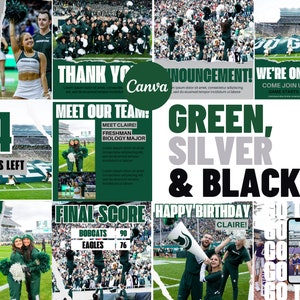 Postagens esportivas esportivas verdes, prata e pretas no Instagram | Modelo do Canva para esportes no Instagram | Equipe de faculdade e ensino médio | Torcida, dança, dia de jogo