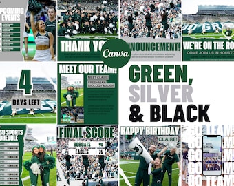 Green, Silver, Black Social Media Canva Templates | 23 Square Posts | Sports Team Game Day Graphics for Instagram