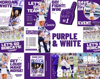 May include: A collage of images promoting a college football team. The images feature cheerleaders, a football schedule, and the team's colors, purple and white. The text includes "Let's Go Bobcats!" and "Game Day!"