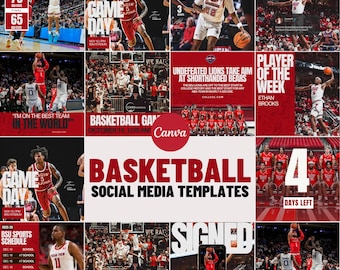 Red, White & Black Sports Social Media Canva Templates | 14 Square Posts | Basketball Team Game Day Graphics for Instagram