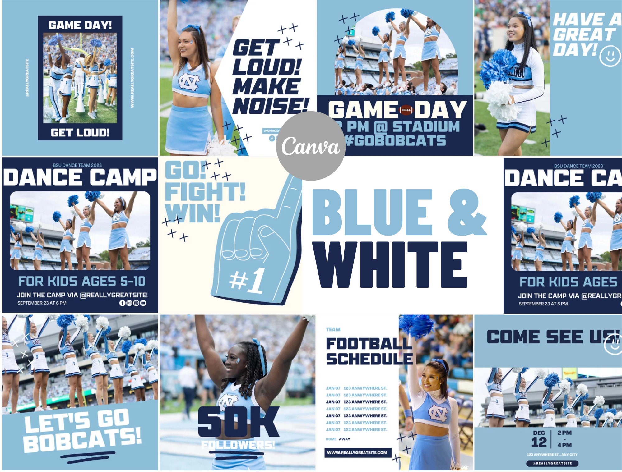 Blue & White Navy Sports Team Instagram Kit | Social Media Posts Canva Template | High school College team | GameDay, Cheer, Dance, Football
