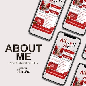 May include: A red and white Instagram story template with the text "About Me" in a large, bold font. The template includes a photo of a young woman, her name, birthdate, and a list of her favourite things. The template is designed to be used as a social media post.
