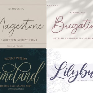 May include: A digital display featuring four distinct font styles: Magestone, Bugatine, Rimeland, and Lilybud. Each section showcases the typeface name in a handwritten script style, accompanied by descriptive text such as handwritten script font.