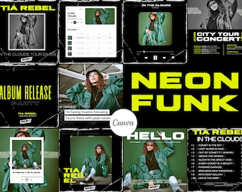 Neon and Black Music Artist Instagram Posts | Music Canva Template | Album, Concert, Live Music, New Artist, Tour | Social Media Posts
