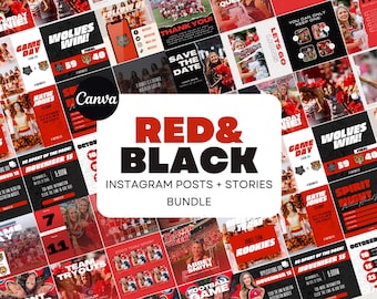80 Red & Black Social Media Canva Templates | Posts + Stories | Sports Team Game Day Graphics for Instagram