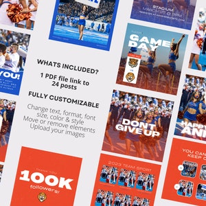 Puede incluir: Un collage de 24 publicaciones en redes sociales para un equipo deportivo. Las publicaciones presentan una variedad de im&aacute;genes, incluyendo porristas, una banda de m&uacute;sica y una mascota de tigre. Las publicaciones tambi&eacute;n incluyen texto como "D&iacute;a de juego", "No te rindas" y "&iexcl;Feliz cumplea&ntilde;os Annie!"