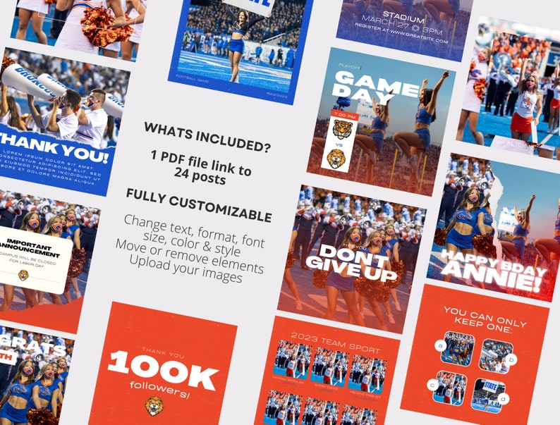 Puede incluir: Un collage de 24 publicaciones en redes sociales para un equipo deportivo. Las publicaciones presentan una variedad de im&aacute;genes, incluyendo porristas, una banda de m&uacute;sica y una mascota de tigre. Las publicaciones tambi&eacute;n incluyen texto como "D&iacute;a de juego", "No te rindas" y "&iexcl;Feliz cumplea&ntilde;os Annie!"