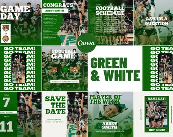 Green & White Social Media Canva Templates | 27 Square Posts | Sports Team Game Day Graphics for Instagram
