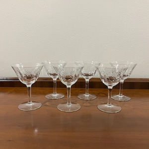 Set of 6 Vintage Tiffin Clear Floral Etched Champagne Coupe Glasses