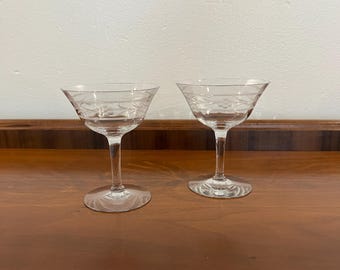 Set of 2 Vintage Tiffin Clear Floral Etched Champagne Coupe Glasses (Set B)