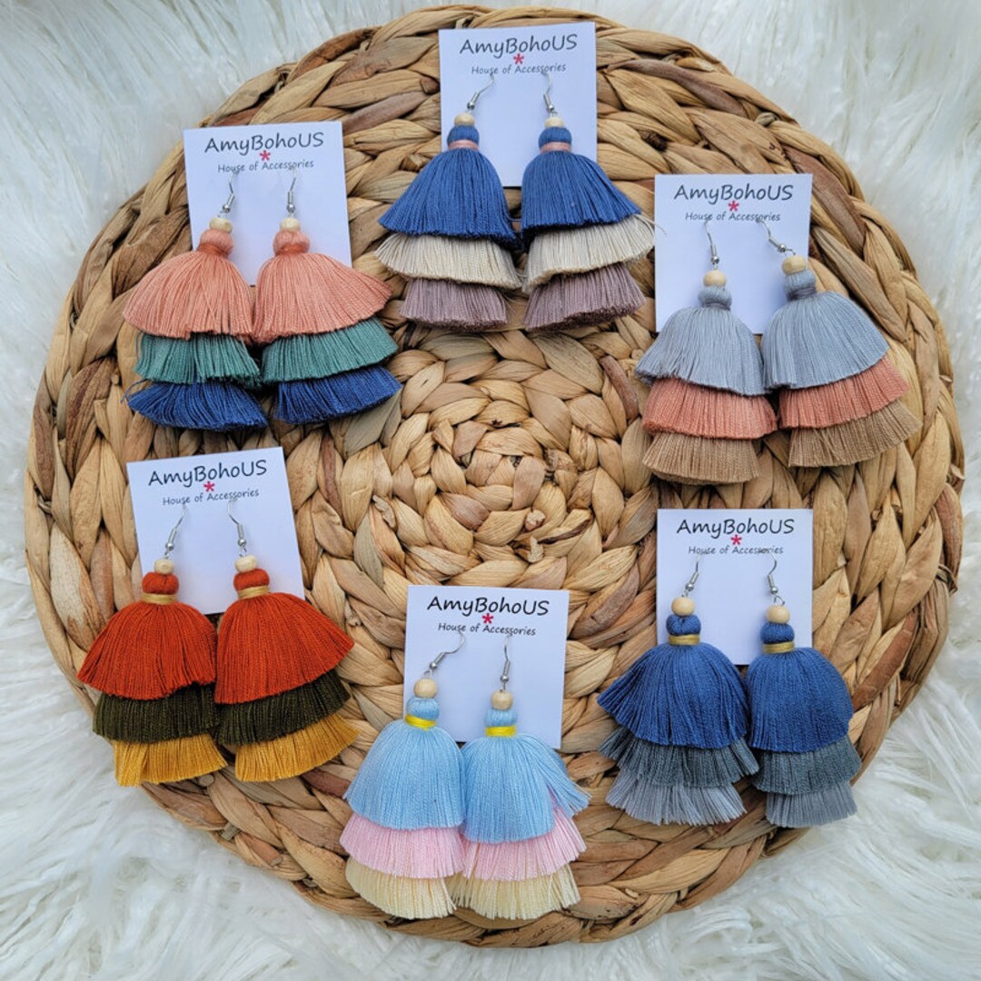 Tassel Earrings/yarn Earrings/boho Earrings/drop Earring/flower