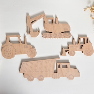 Wall decoration set made of wood, construction vehicles, excavator, tractor, dump truck, set of 4