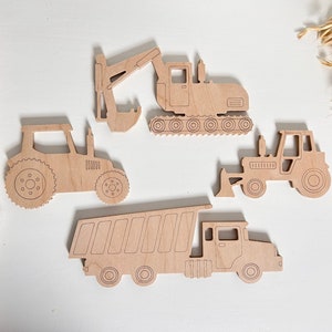 Wall decoration set made of wood, construction vehicles, excavator, tractor, dump truck, set of 4