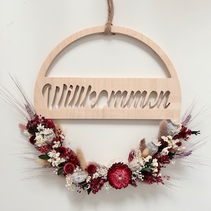 Welcome door wreath - wooden ring with dried flowers for the front door or as a gift