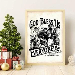 Puede incluir: Impresión de arte imprimible en blanco y negro con una ilustración vintage de personajes de "Canción de Navidad" de Charles Dickens con el texto "¡Que Dios nos bendiga a todos!"