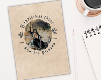 Biglietto d'auguri vintage con canti natalizi: Charles Dickens Ebenezer Scrooge (download digitale)