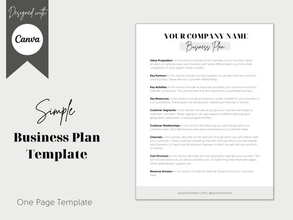 Simple Business Plan Template One Page Business Plan | Etsy
