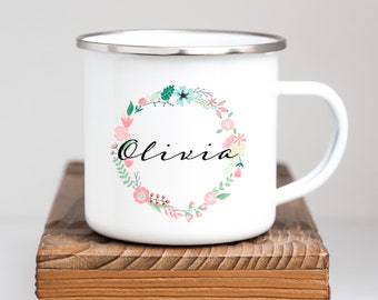 Personalized custom enamel mug Floral Wreath