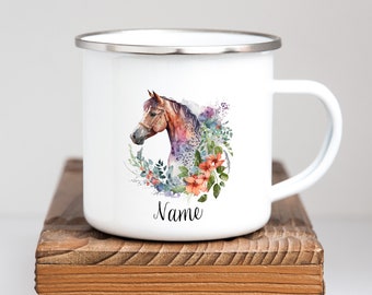 Mug émaillé personnalisé Cheval marron avec fleurs