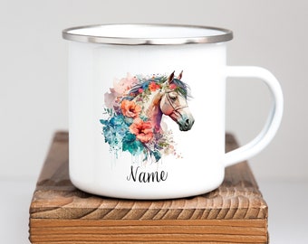 Mug émaillé personnalisé Cheval avec fleurs