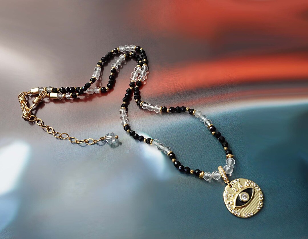 Gemstone Choker With Clear Quartz and Evil Eye Pendant. Crystal Choker