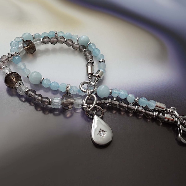 Smoky quartz, clear topaz, aquamarine bracelet. Aquamarine jewelry best selling items. Trending now aquamarine dainty bracelet, fine jewelry