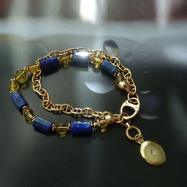 Lapis lazuli, citrine bracelet. Trending now chain bracelet with citrine and lapis lazuli. Chakra bracelet best selling items, fine jewelry