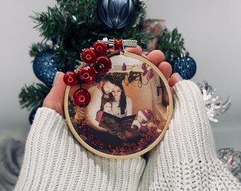 Custom Christmas Holiday Hoop Art - Unique Festive Decor with Your Personal Photos, Tree Ornaments