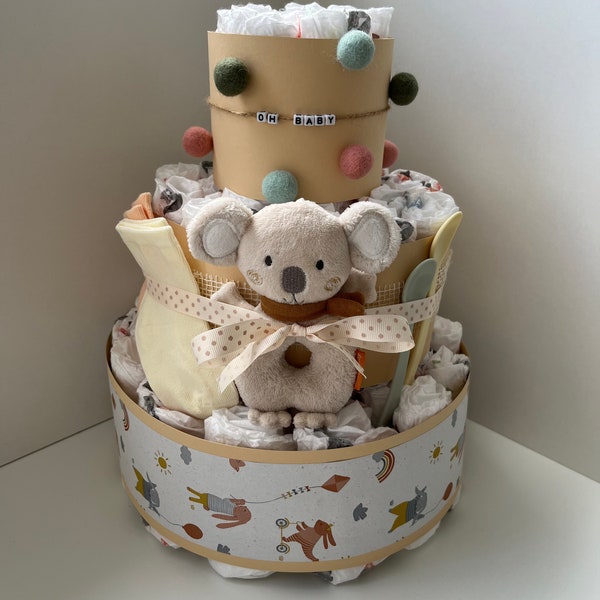 Windeltorte L – Greifling/Rassel Koala, beige, neutral