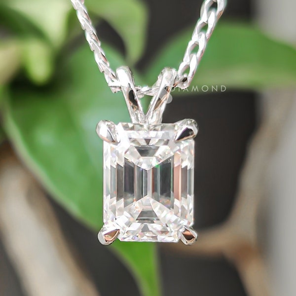 Platinum Necklace, Emerald Cut Moissanite Pendant, Solitaire Pendant Woman Jewelry, Engagement Necklace, Anniversary Gifts, Promise Necklace