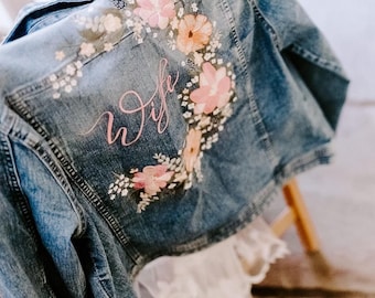 Custom Embroidered Bridal Denim Jacket: Floral Wedding Design