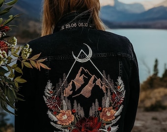 Personalised Embroidered Custom Bridal Denim Jacket | Mountain Elopement Jacket | Floral Diamond Luxury Levi's Wedding Gift