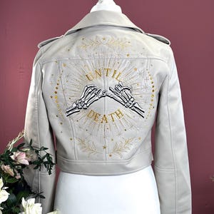 Embroidered Bridal Faux Leather Jacket: Skeleton Pinky Promise, Custom Wedding Until Death Celestial