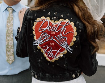 Till Death Do Us Part - Gothic Skeleton - Love Heart Pinky Promise / Bridal Alternative Wedding Denim Jacket Design - Gold Celestial Stars