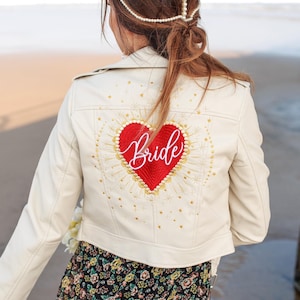 Custom Cropped Faux Leather Bridal Jacket | Celestial Stars and Red Heart Embroidery | Personalised Bride Jacket | Custom Name & Colours