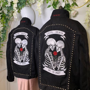 Till Death Do Us Part - Gothic Skeleton - UNISEX Punk Studded - Embroidery Production Service - Alternative Embroidered Denim Jean Jacket