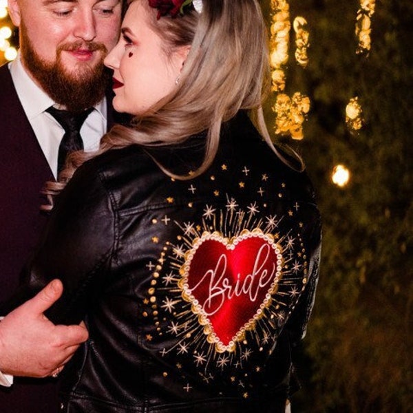 Love Heart Celestial / Bright and Bold Bride Bridal Biker Wedding Jacket - Embroidered / Fully Customised / Personalised with metallic stars