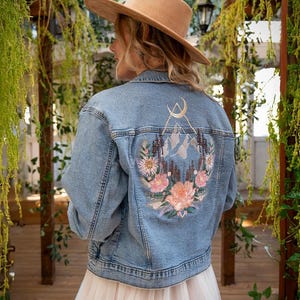 Personalized Embroidered Denim Bridal Jacket: Floral Boho Celestial Design