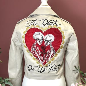 Celestial Lovers - Bridal Ivory Cropped Leather Jacket Cover Up Custom Jacket Skeleton The Lovers Embroidered Til Death Do Us Part Heart
