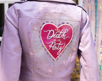 Custom Embroidered Faux Leather Jacket: Disco Ball, Heart, Stars