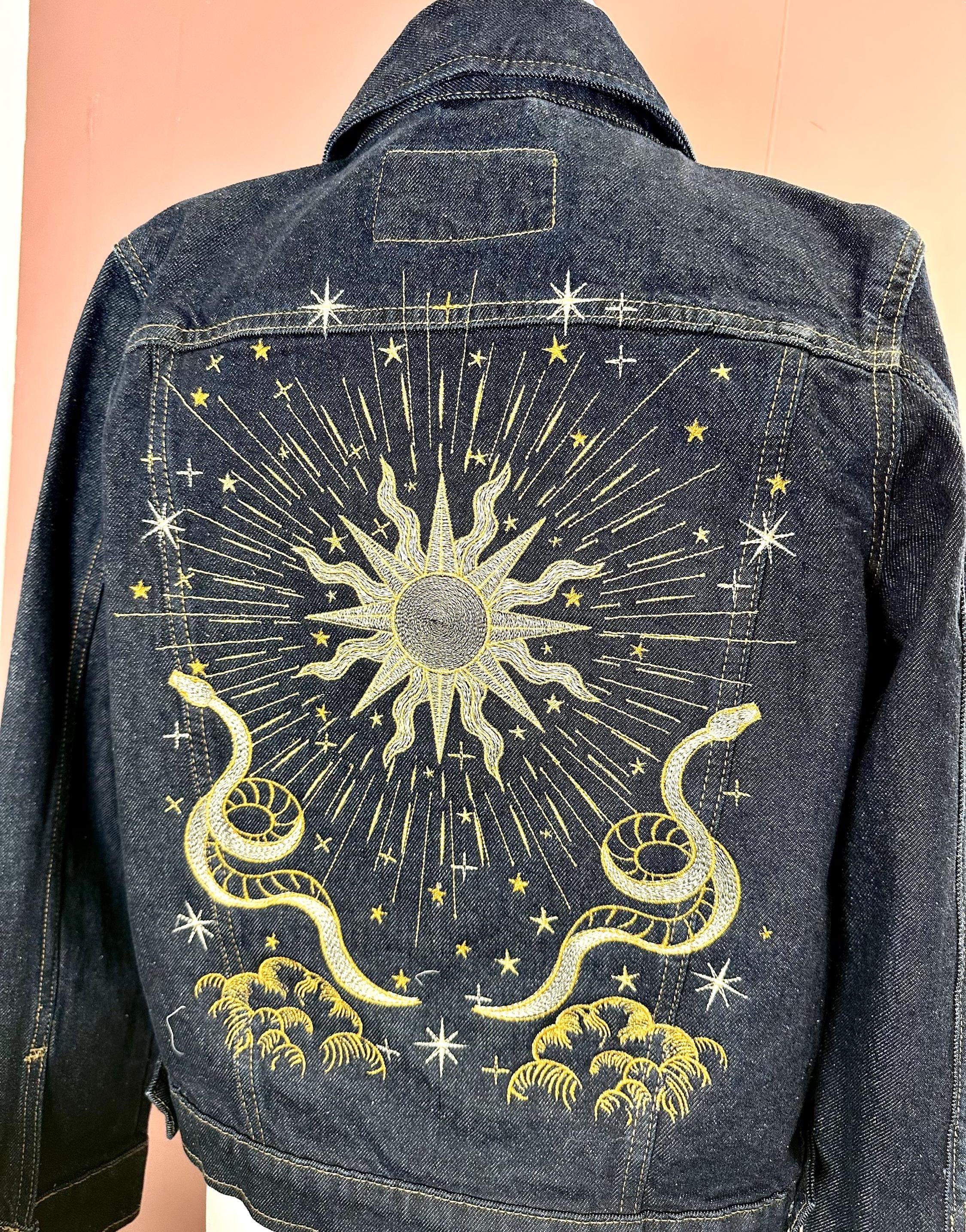Celestial Embroidered Denim Jacket / Zodiac Star Signs With Tiger