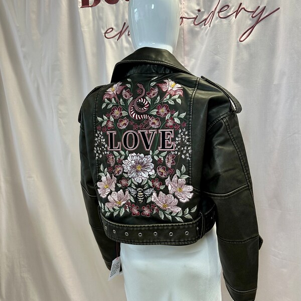 LOVE - Alternative Floral Embroidered Faux Leather Jacket / Customisable / Oversized Leather Look Washed Cropped Biker with Belt in brown