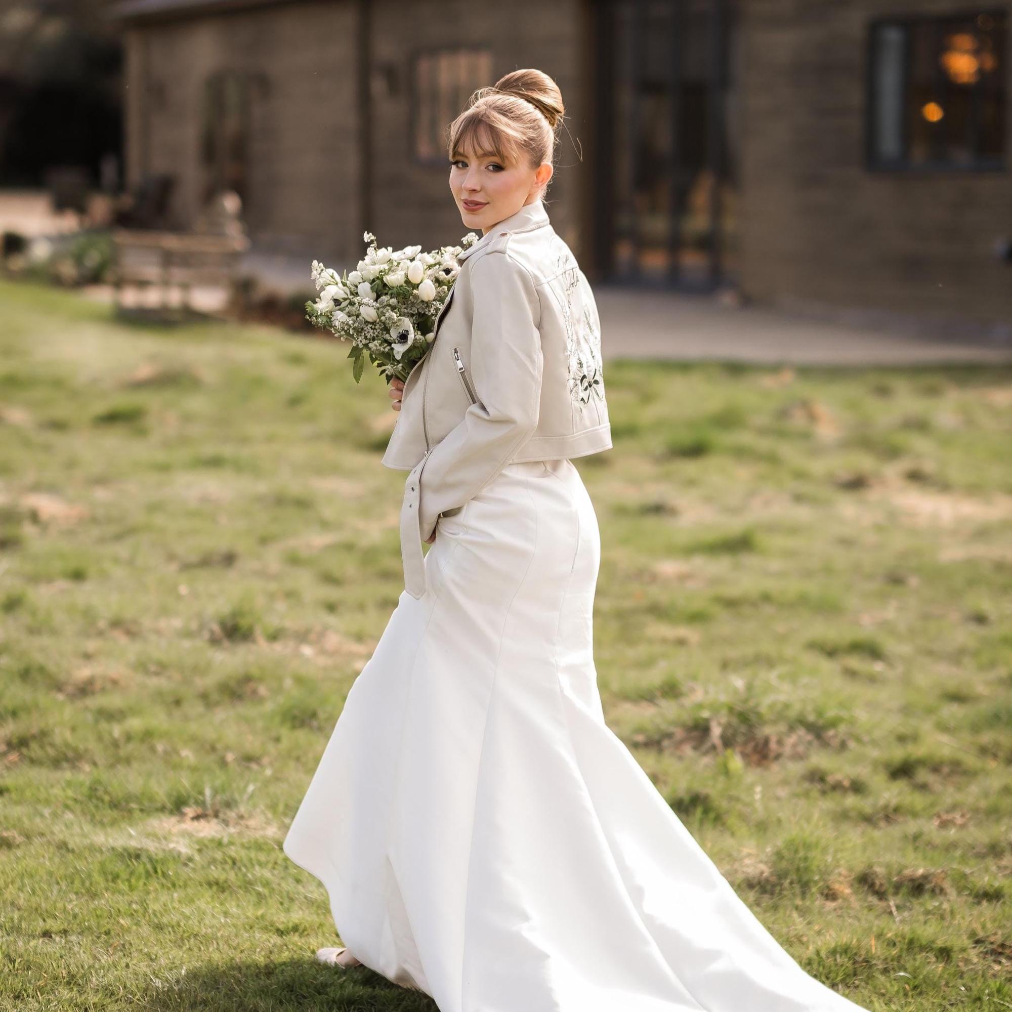 Embroidered Ivory Bridal Leather Jacket: Custom Wedding Cover-Up Embroidered Ivory Bridal Leather Jacket: Custom Wedding Cover-Up