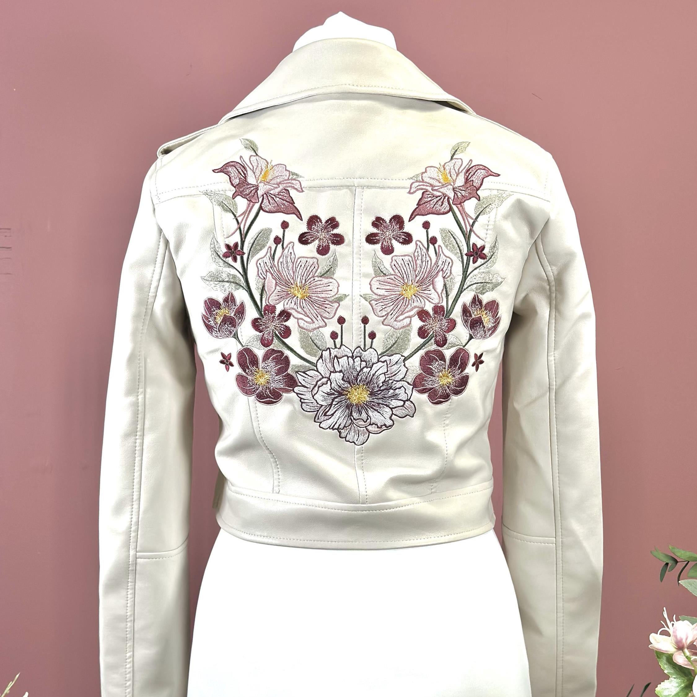 Custom Embroidered Faux Leather Jacket: Bold Floral Design - Etsy