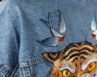 Embroidered Tiger Denim Jacket: Old School Tattoo Style