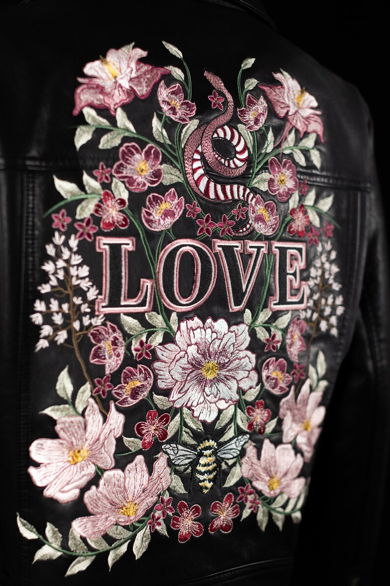 Custom Embroidered Faux Leather Jacket: Floral Snake Bee LOVE - Etsy
