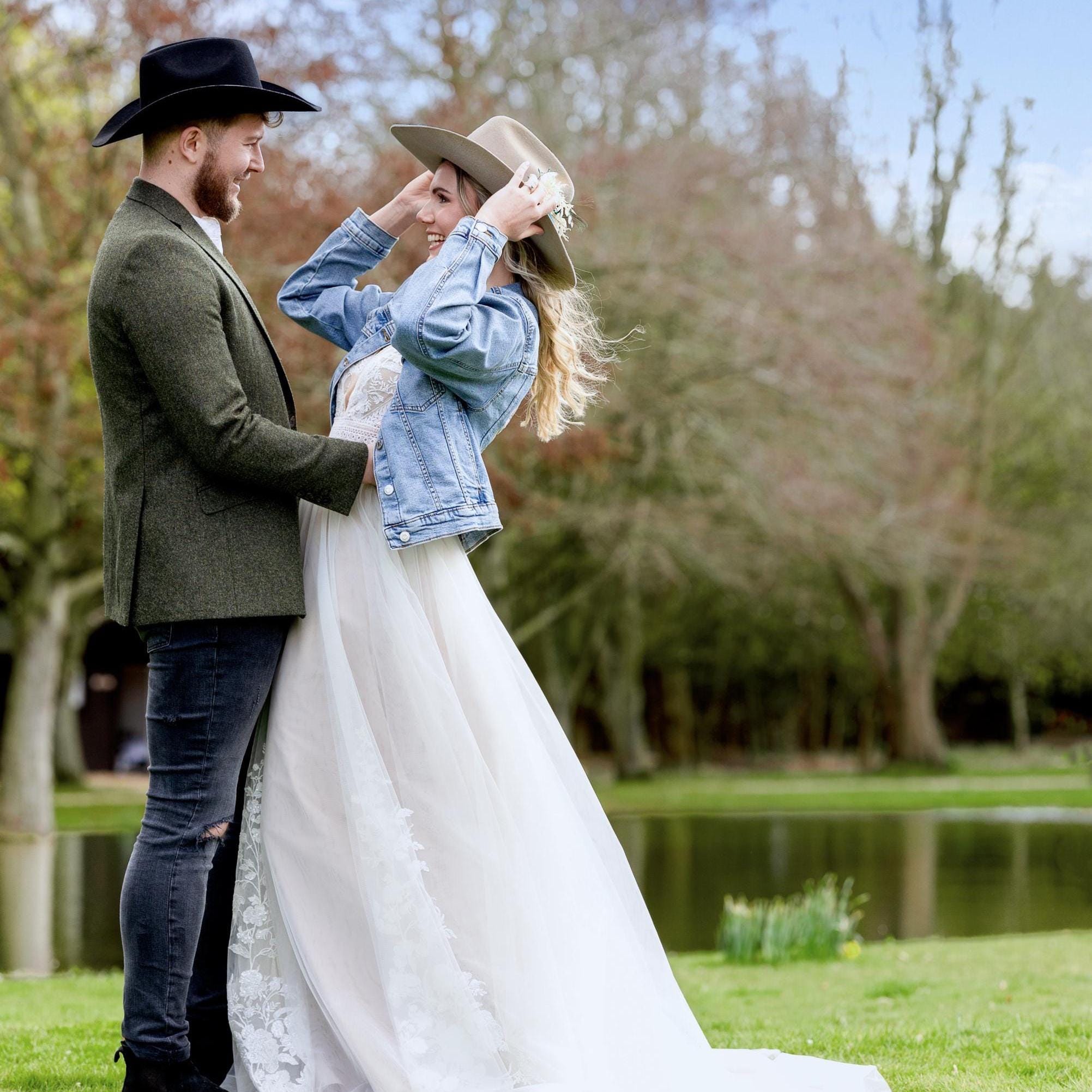 wedding dress and denim jacket 27 Perfect Bridal Jean Jackets